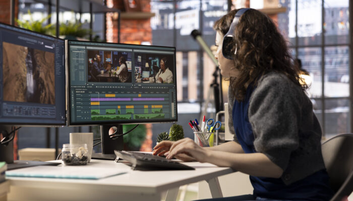 Female filmmaker working on media post production from agency office, ensuring the editing timeline and color correction for a video shoot. Tech driven workspace showcases a digital workflow.